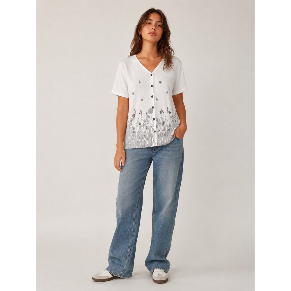 Vintage Teddi White Cotton Blend Whimsical Embroidered Button Up Shirt Medium
